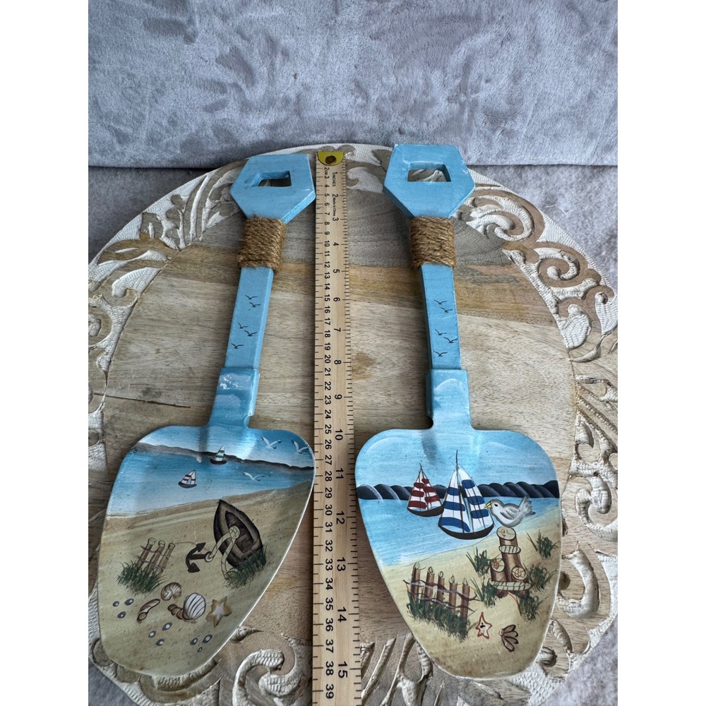 Vintage Style Hand Painted Nautical Shovel‎ Wall Art Set of 2 Coastal Decor Blue